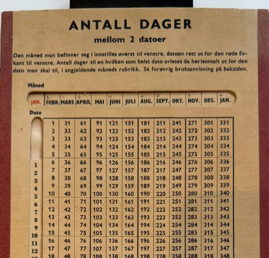 Skyvetabellen «Antall dager mellom 2 datoer», RTB 1944
